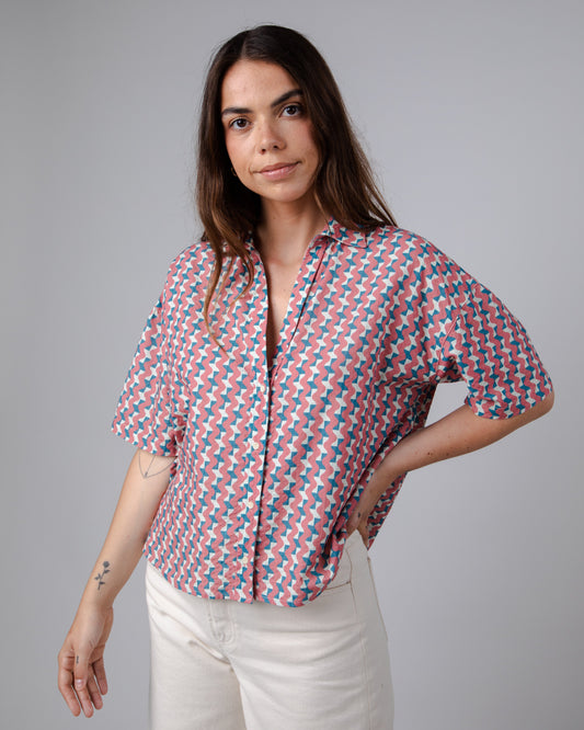 Chemisette à motifs en coton bio | multicolore "tiles oversize cropped blouse rose pink"