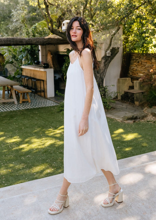 Robe à bretelles en coton bio | Blanc "stripe structure strap dress egret"