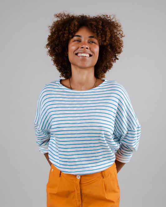 T-shirt manches longues en coton bio | Rayé bleu et blanc "stripes fine knit sweater offwhite white"