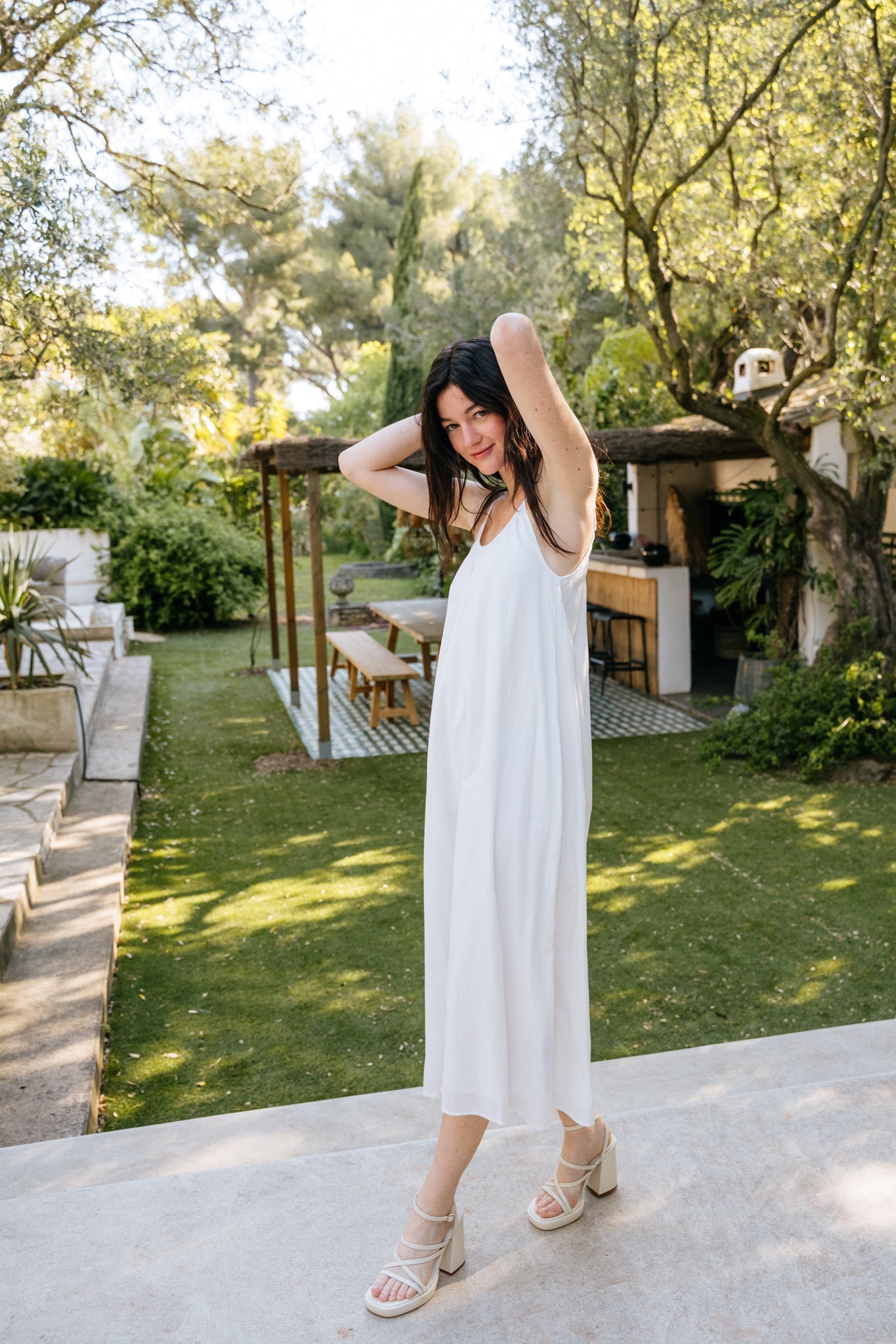 Robe à bretelles en coton bio | Blanc "stripe structure strap dress egret"