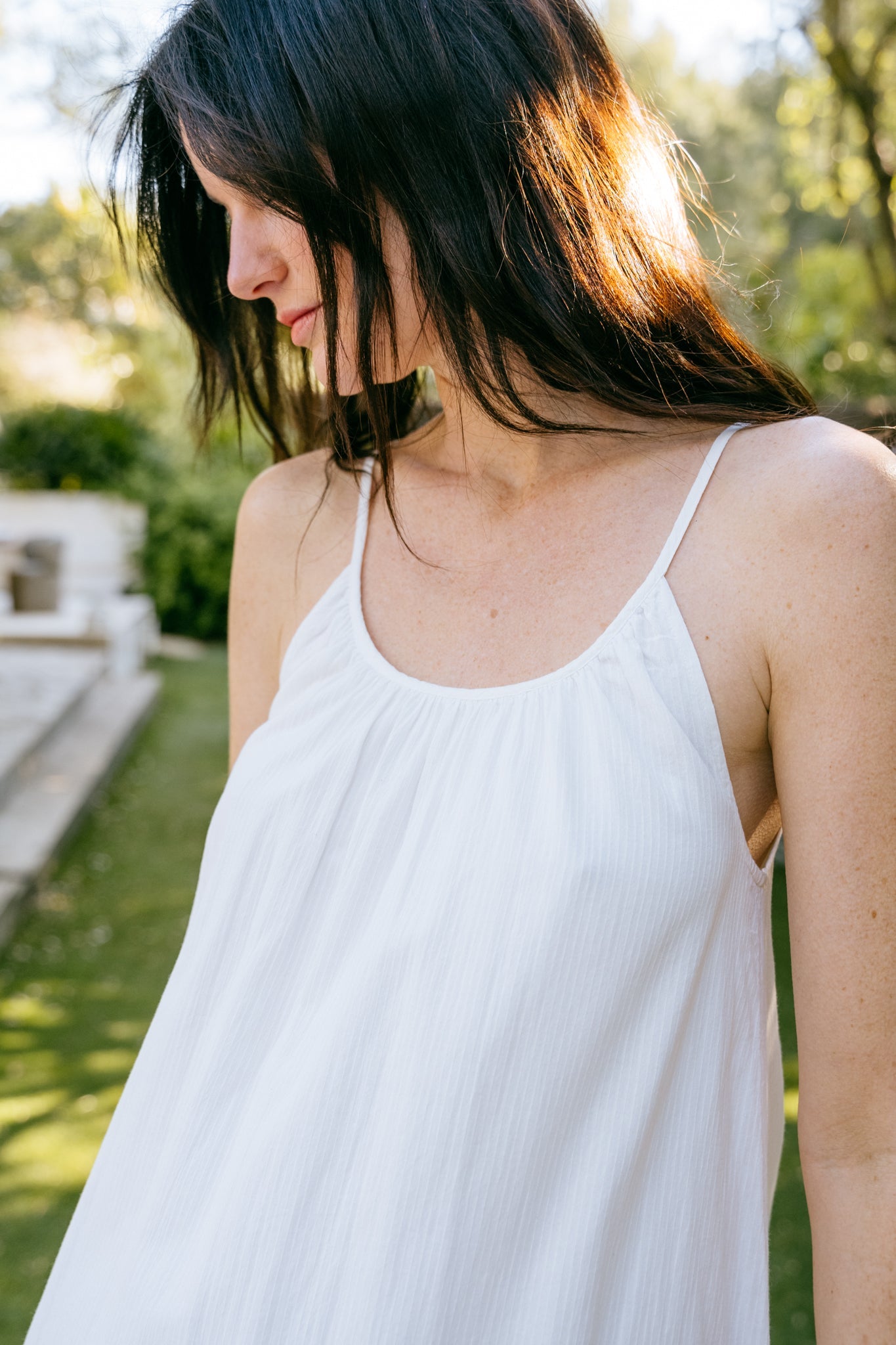 Robe à bretelles en coton bio | Blanc "stripe structure strap dress egret"