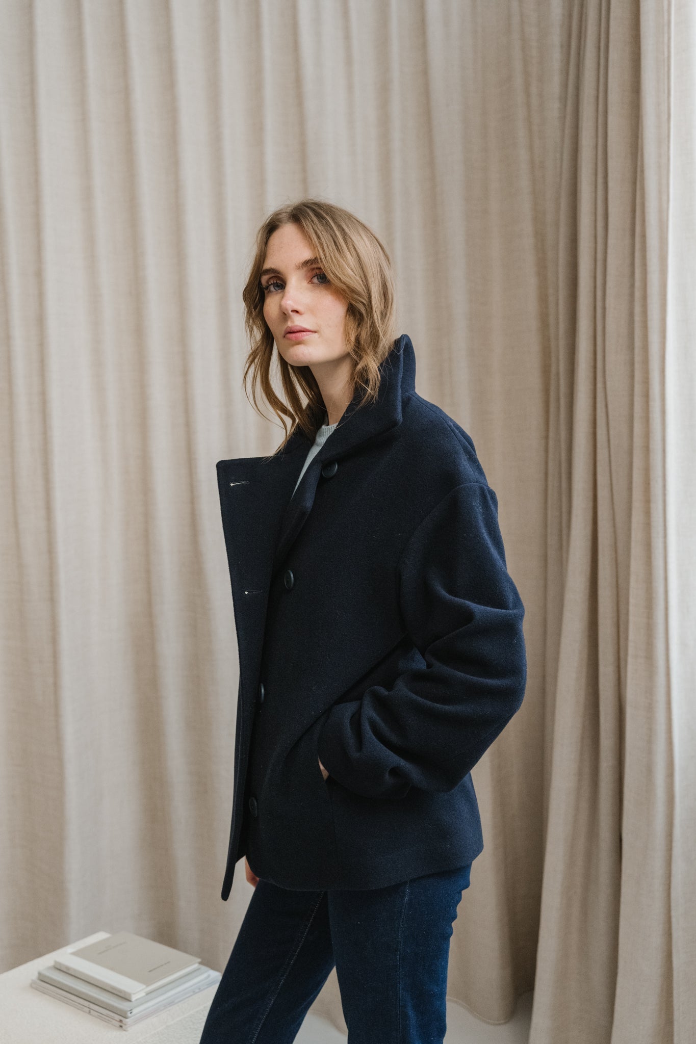 Manteau court en laine bio | marine "majelaa - night sky"
