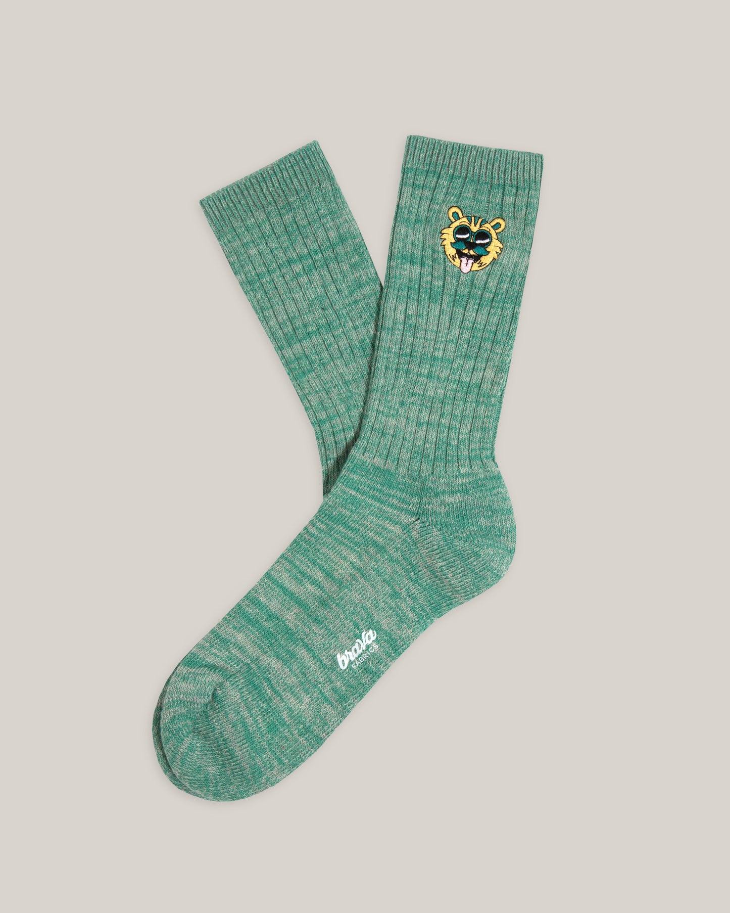 Chaussettes hautes brodées en coton bio | vert "yeye ribbed socks ocean blue"