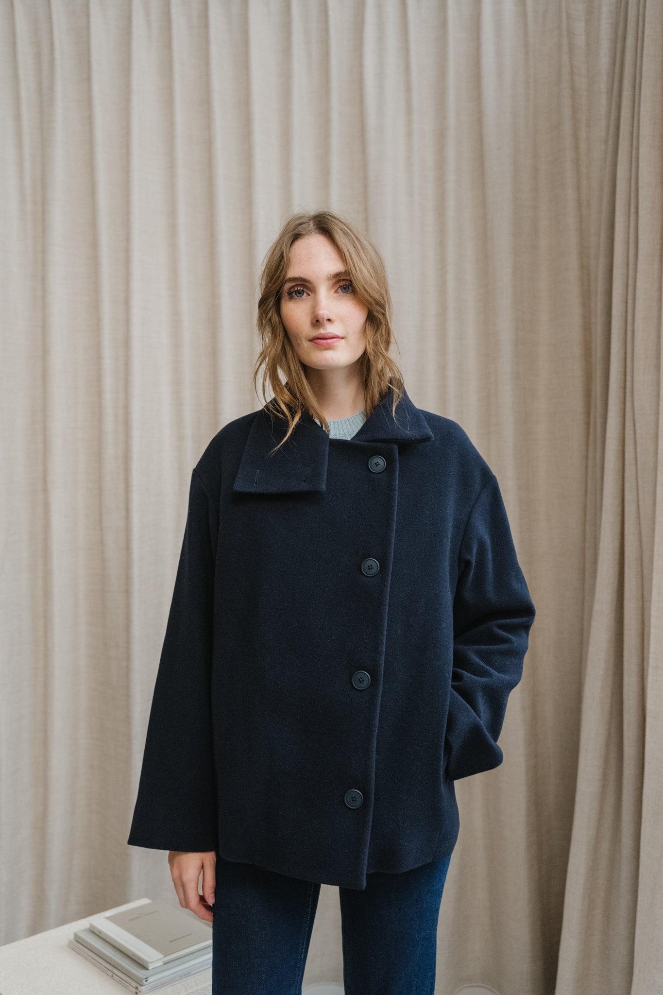 Manteau court en laine bio | marine "majelaa - night sky"