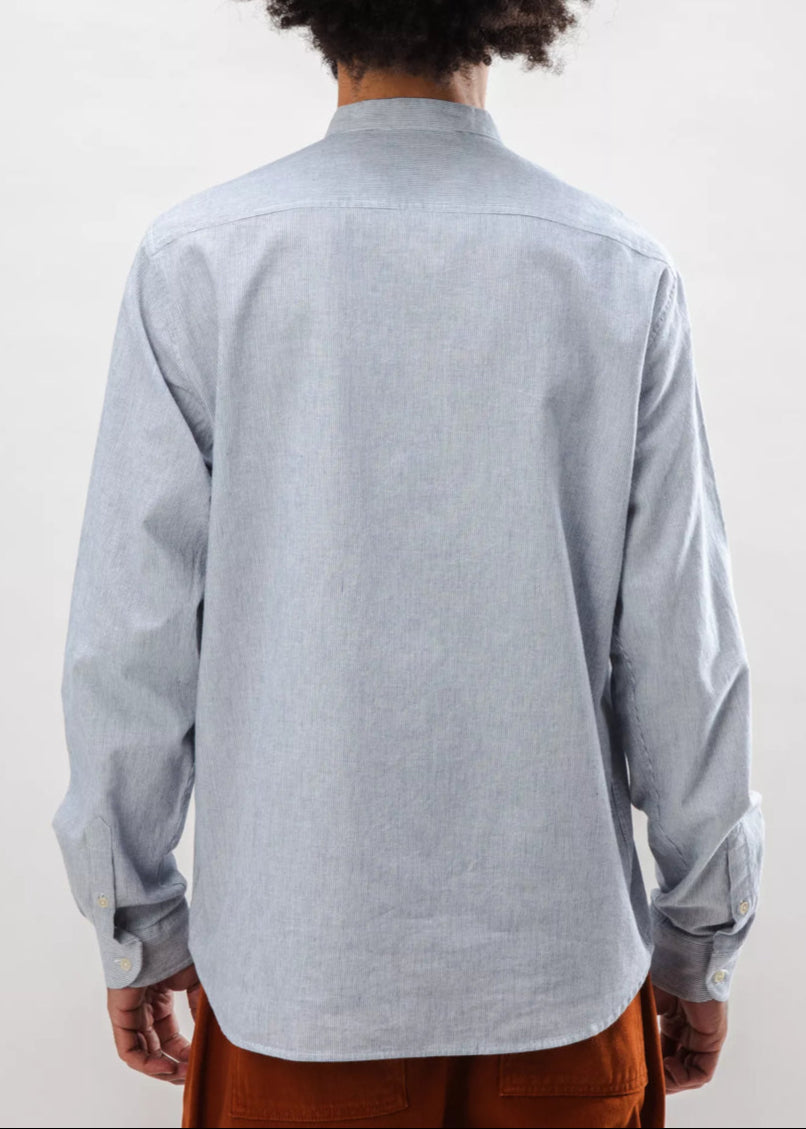 Chemise rayée col mao en coton bio | bleu "pinstripe japanese mao cotton shirt navy"