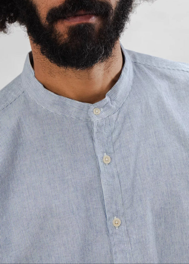 Chemise rayée col mao en coton bio | bleu "pinstripe japanese mao cotton shirt navy"