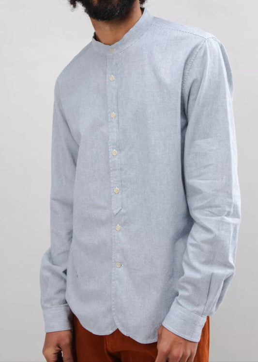 Chemise rayée col mao en coton bio | bleu "pinstripe japanese mao cotton shirt navy"