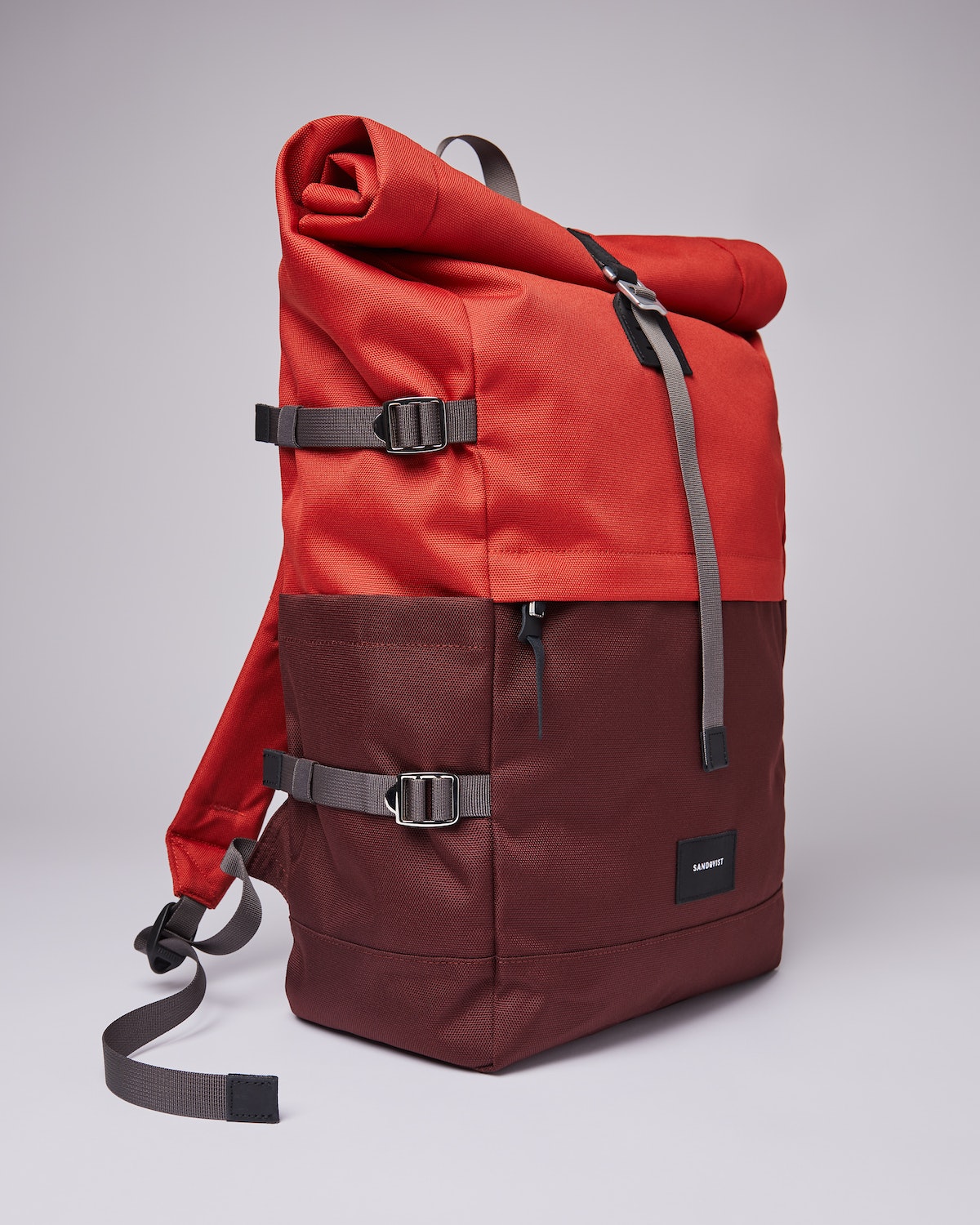 Sac à dos rolltop en matière recyclée | Bicolore "bernt multi moss red with black leather"