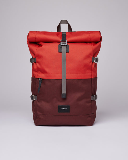 Sac à dos rolltop en matière recyclée | Bicolore "bernt multi moss red with black leather"