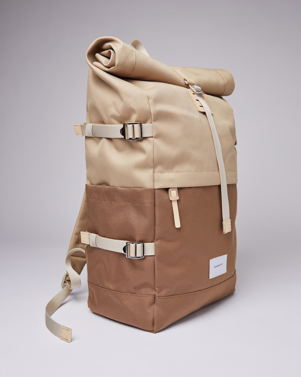 Sac à dos rolltop en matière recyclée | Bicolore "bernt multi brown with natural leather"