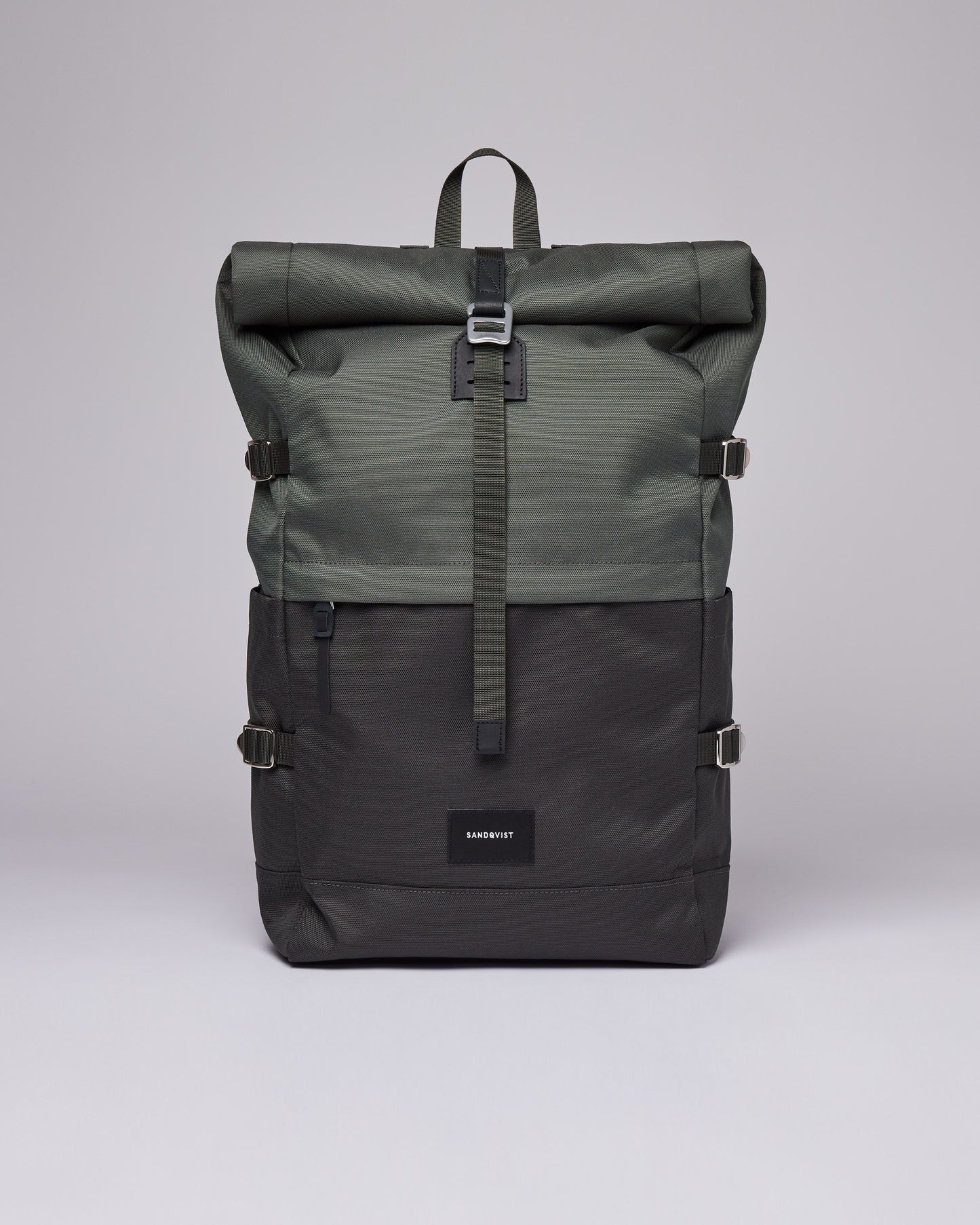 Sac à dos rolltop en matière recyclée | Gris et vert "bernt multi green with black leather"