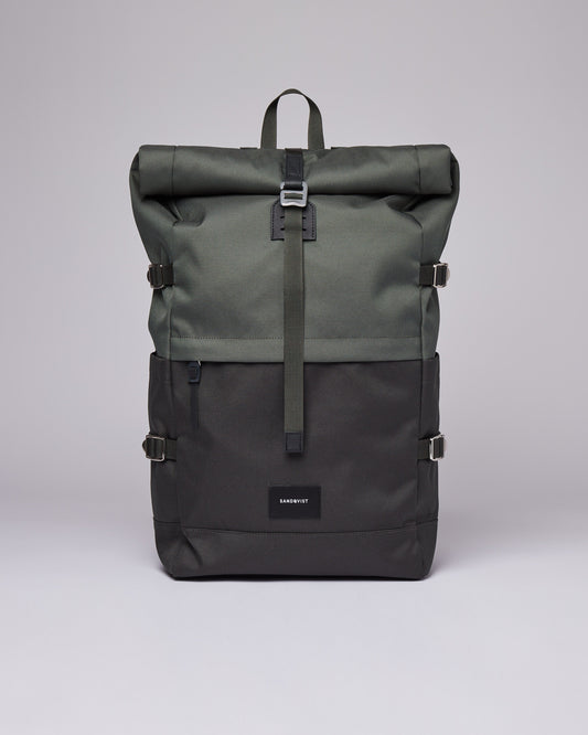 Sac à dos rolltop en matière recyclée | Gris et vert "bernt multi green with black leather"