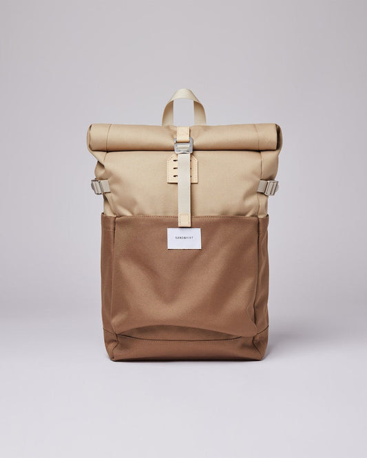 Sac à dos rolltop en matière recyclée | Marron et beige "ilon multi brown with natural leather"