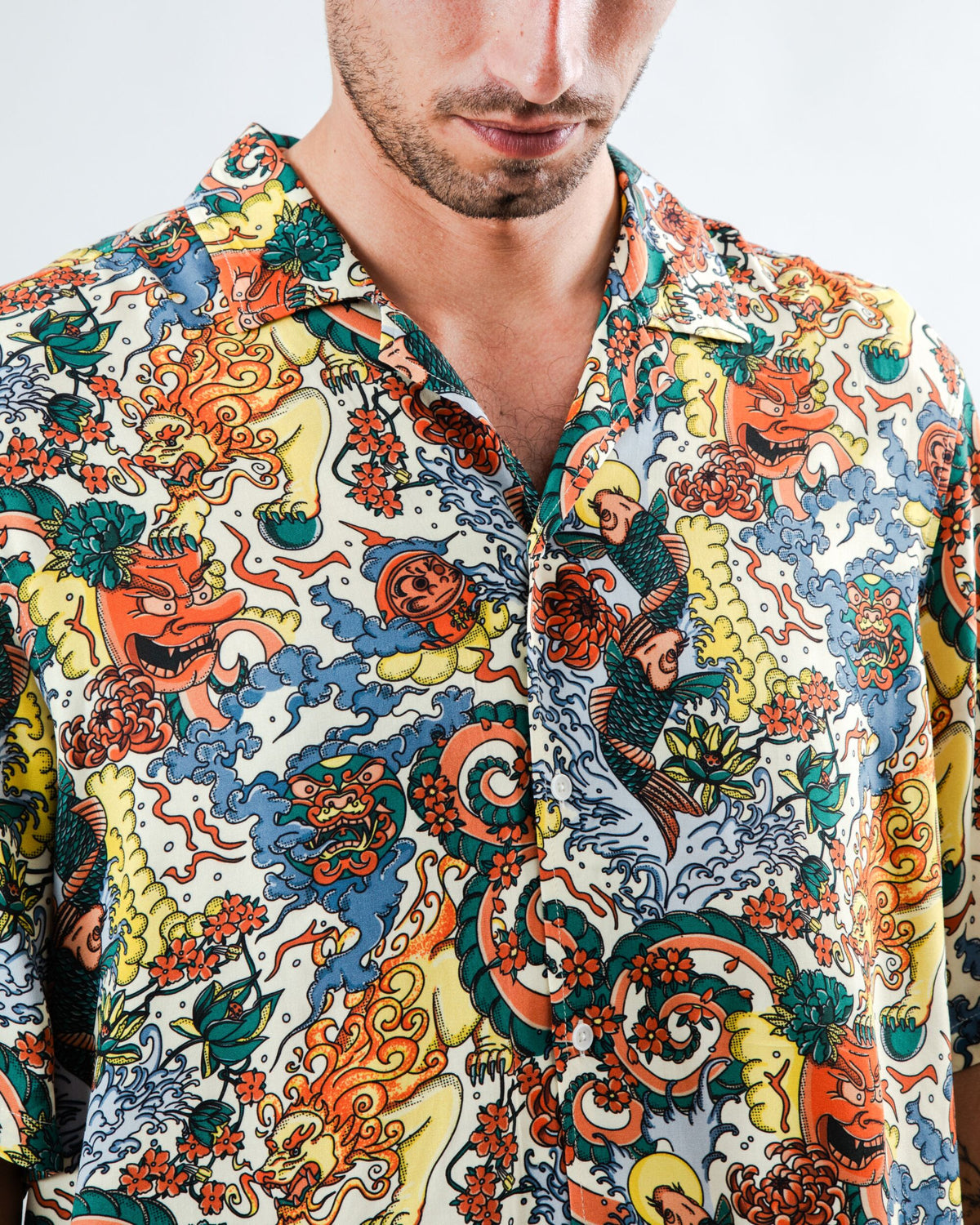 Chemise en coton bio et Lyocell | multicolore "Irezumi tattoo aloha"