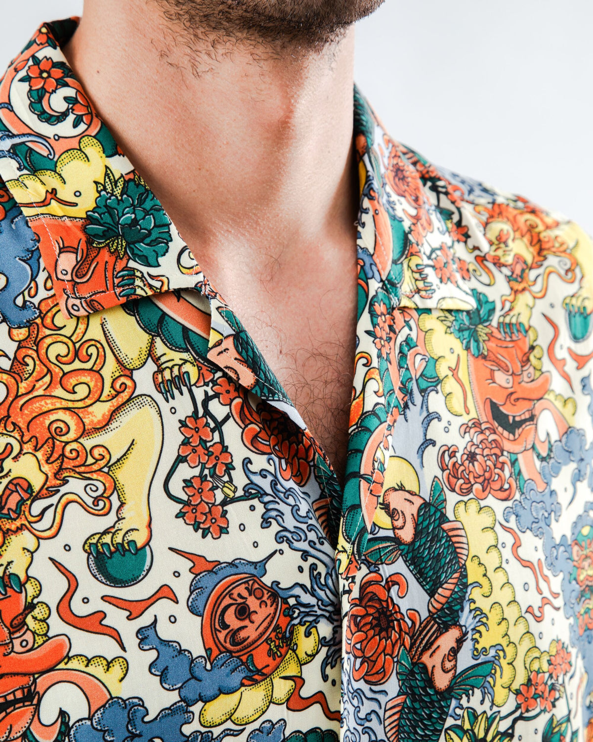 Chemise en coton bio et Lyocell | multicolore "Irezumi tattoo aloha"