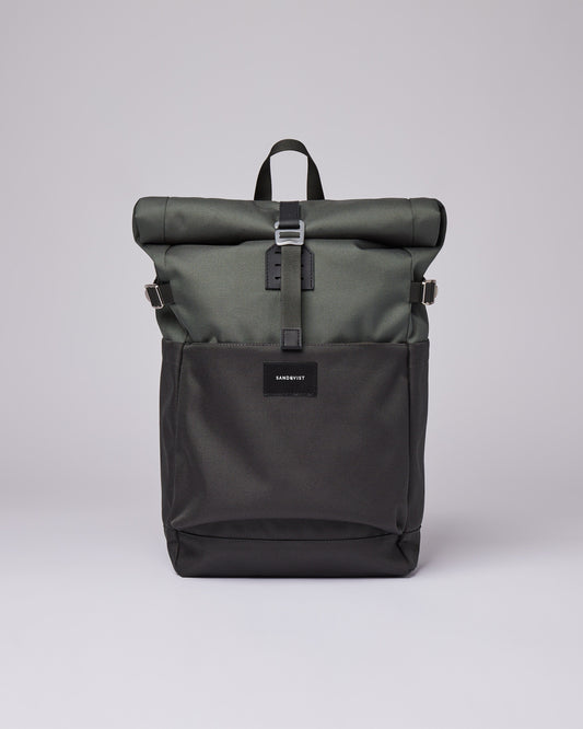 Sac à dos rolltop en matière recyclée | Gris et vert "ilon multi green with black leather"