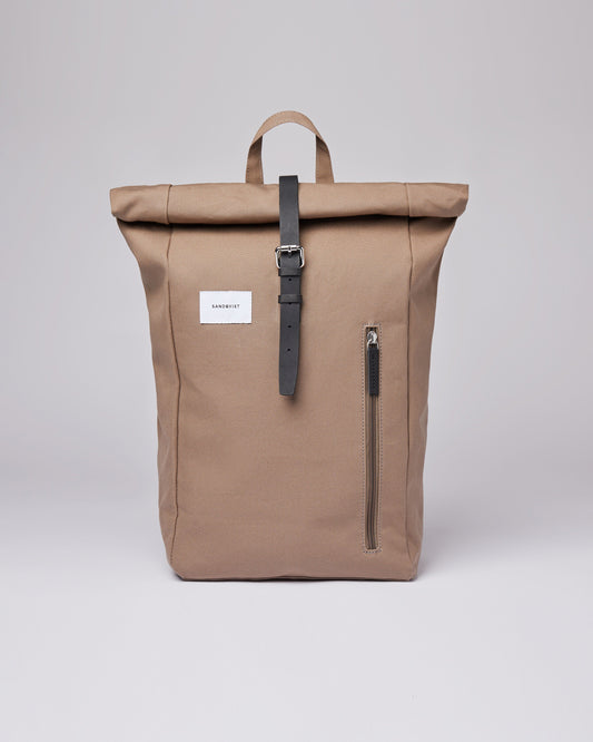 Sac à dos rolltop marron en coton bio, recyclé et cuir - dante fossil with black leather