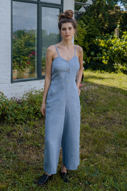 Combinaison en coton bio et lin | bleu "relaxed jumpsuit stone blue"