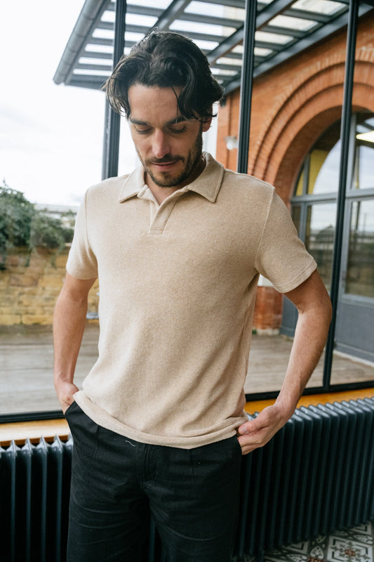 Polo beige éponge en coton bio et matière recyclée - terry polo safari