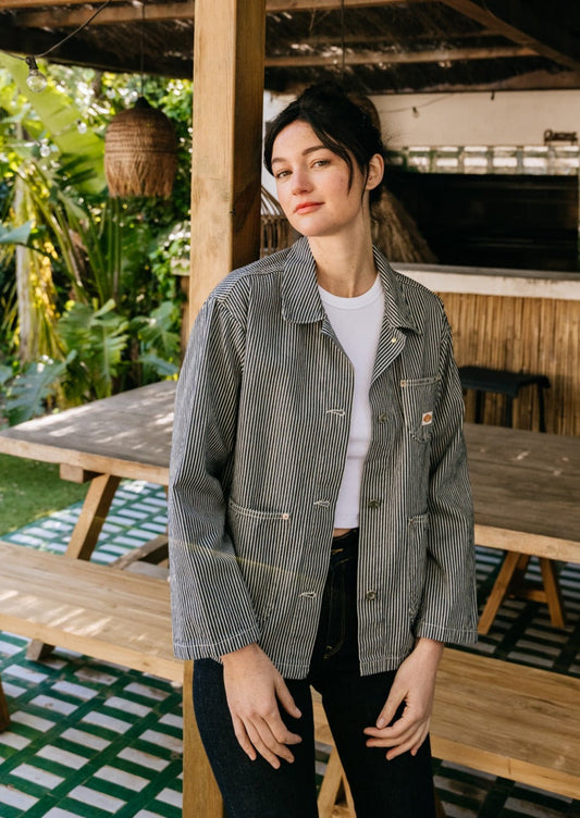 Veste en coton bio | Rayée bleu et blanc "eva hickory striped jacket blue/offwhite"