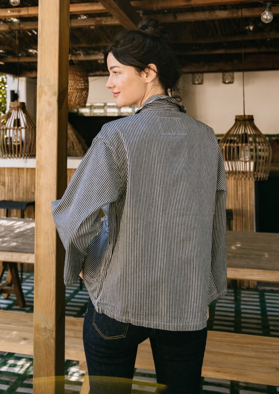 Veste en coton bio | Rayée bleu et blanc "eva hickory striped jacket blue/offwhite"