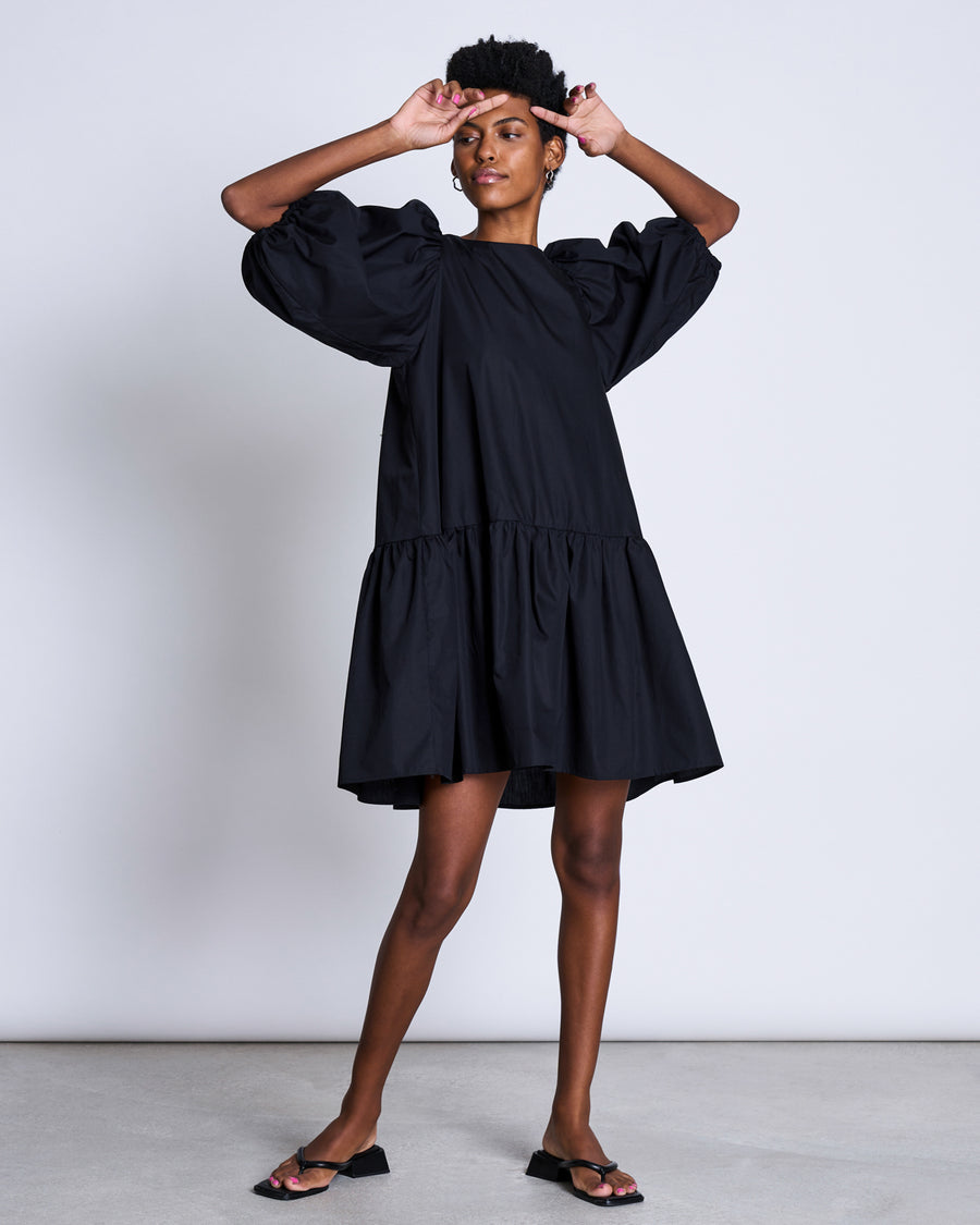 Robe noire manches bouffantes en coton bio - luna black