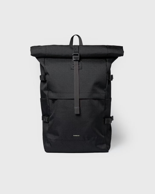 Sac à dos 26L en matières recyclées | noir "icon rolltop backpack l - black/ black with black leather"