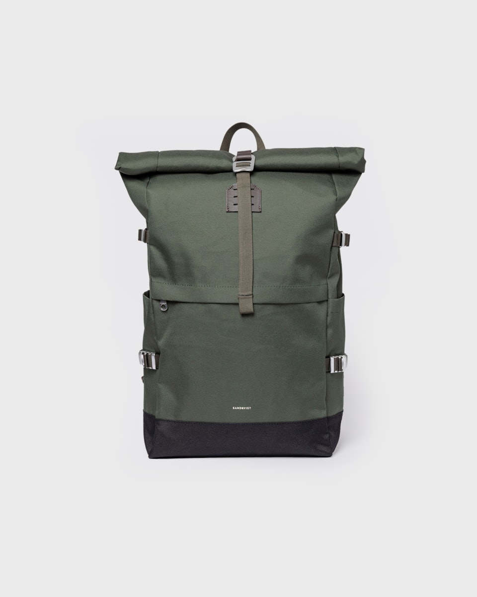 Sac à dos 26L en matières recyclées | vert "icon rolltop backpack l - dawn green with dark brown leather"