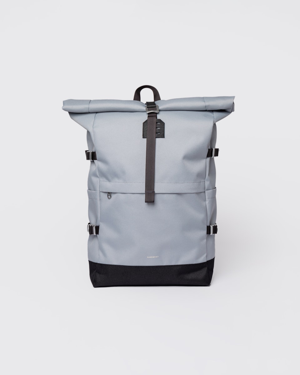 Sac à dos 26L en matière recyclée | "icon rolltop backpack l - ice blue with black leather"