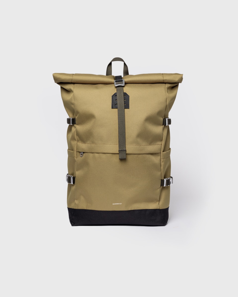 Sac à dos 26L en matières recyclées | vert "icon rolltop backpack l - olive drab with black leather"