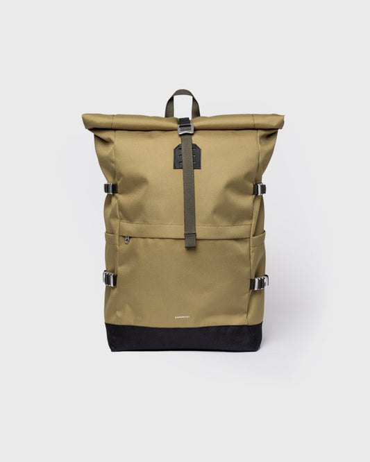 Sac à dos 26L en matières recyclées | vert "icon rolltop backpack l - olive drab with black leather"