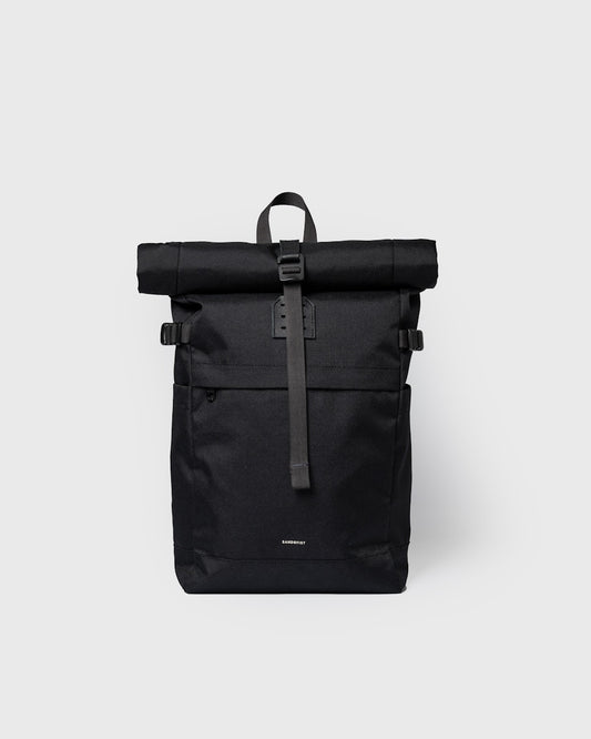 Sac à dos 23L en matière recyclée | noir "icon rolltop backpack m - black/ black with black leather"