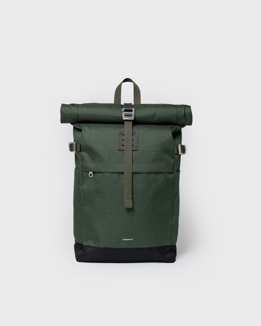 Sac à dos 23L en matière recyclée | vert "icon rolltop backpack m - dawn green with dark brown leather"