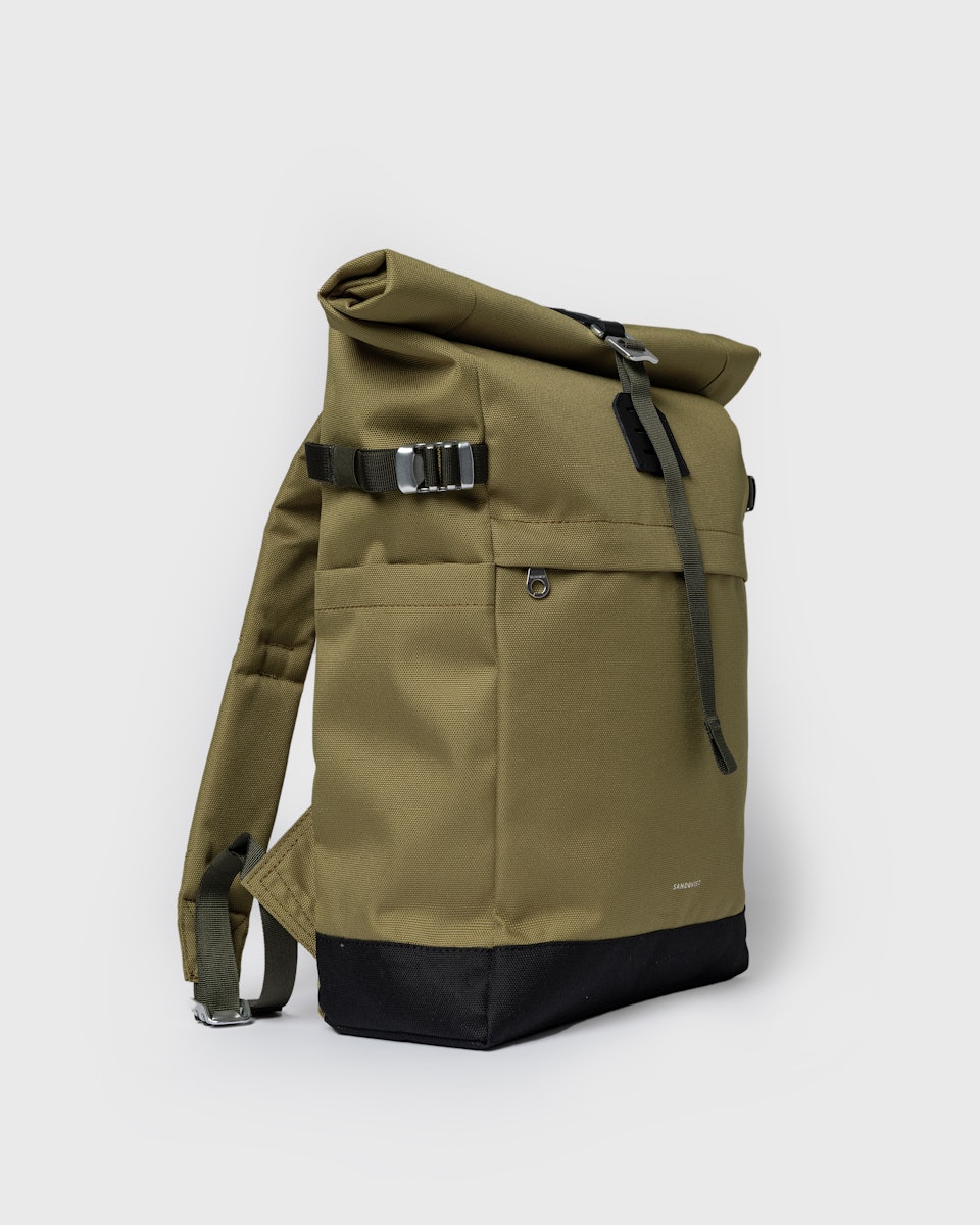 Sac à dos 23L en matière recyclée | vert "icon rolltop backpack m - olive drab with black leather"
