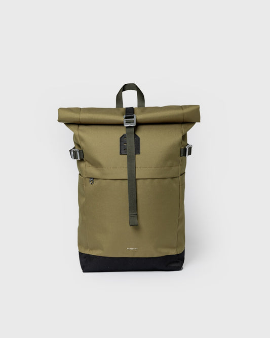Sac à dos 23L en matière recyclée | vert "icon rolltop backpack m - olive drab with black leather"