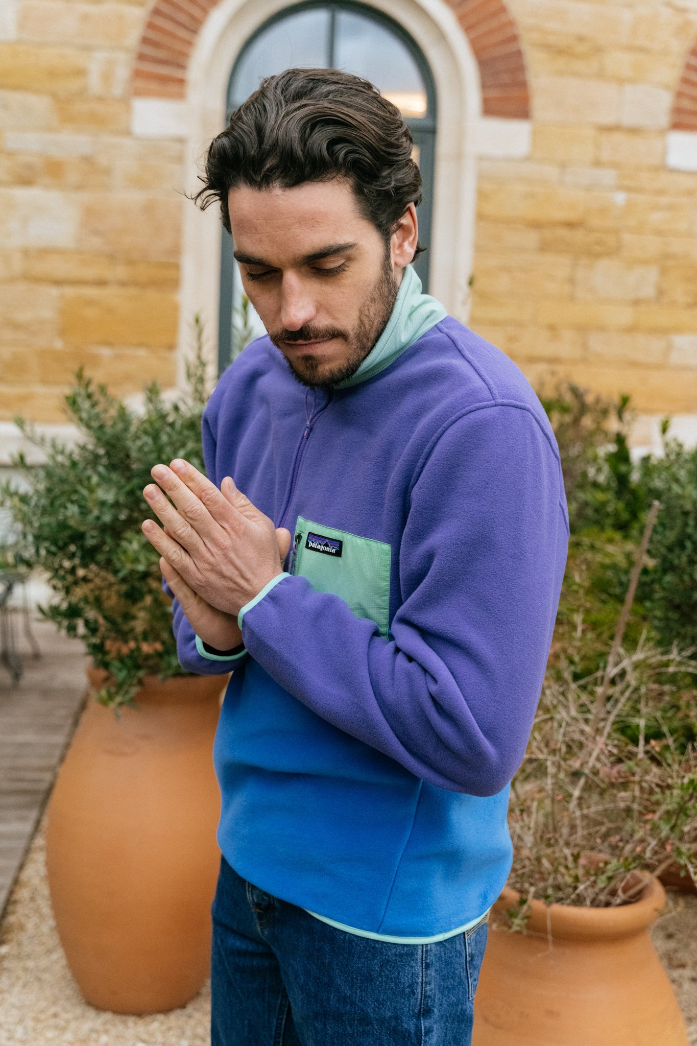 Polaire col zippé en recyclé | Tricolore "microdini bayou blue"