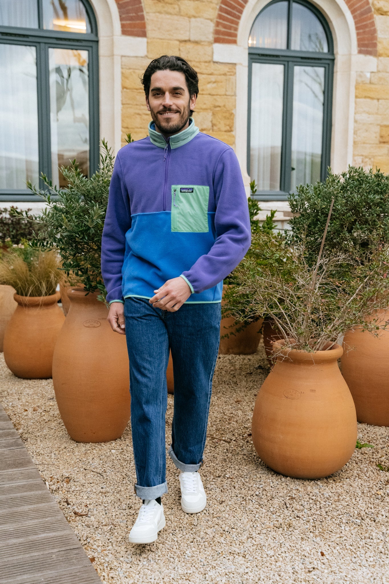 Polaire col zippé en recyclé | Tricolore "microdini bayou blue"
