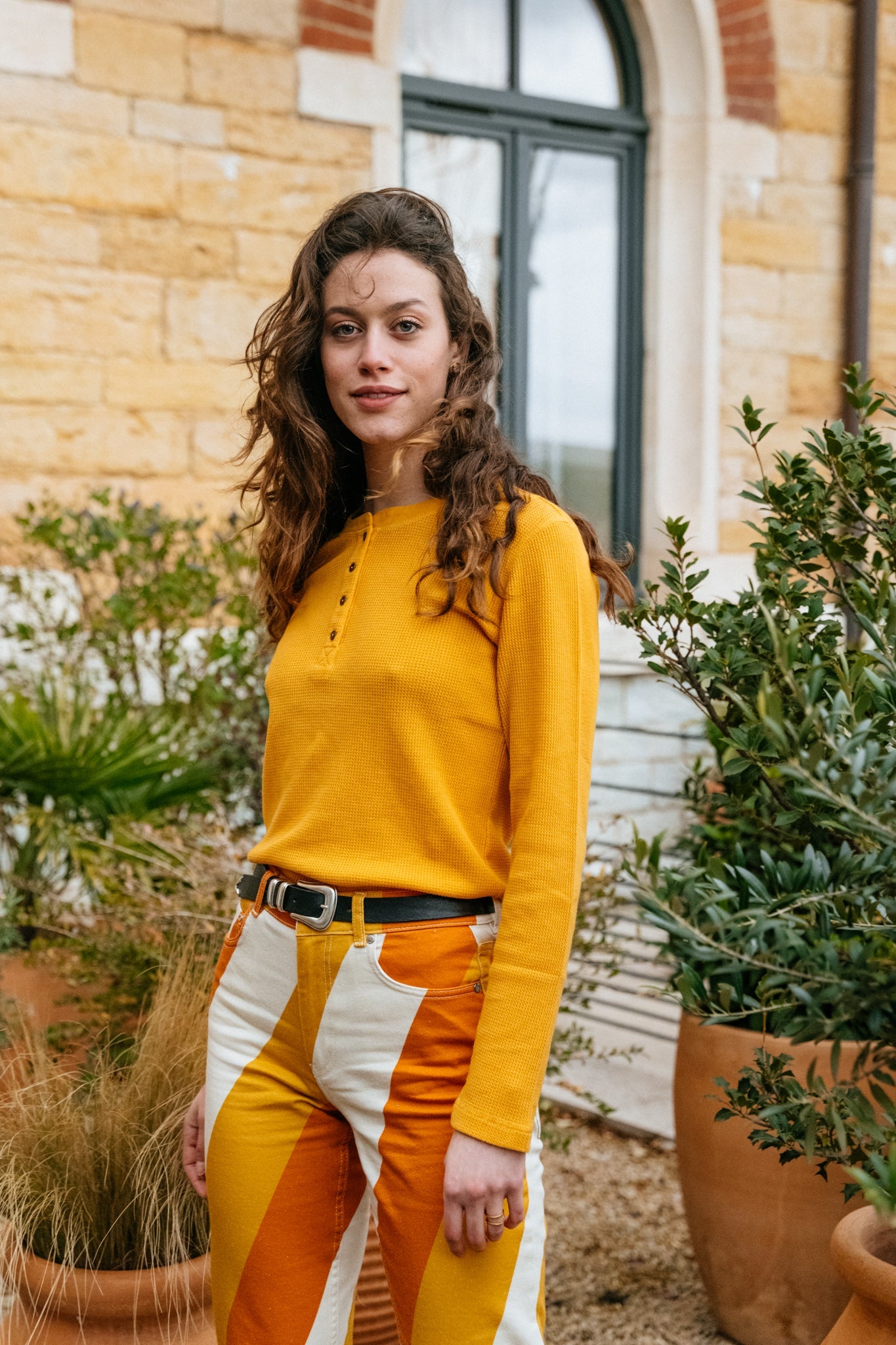 T-shirt manches longues orange en maille gaufrée de coton bio - mira waffle sunflower