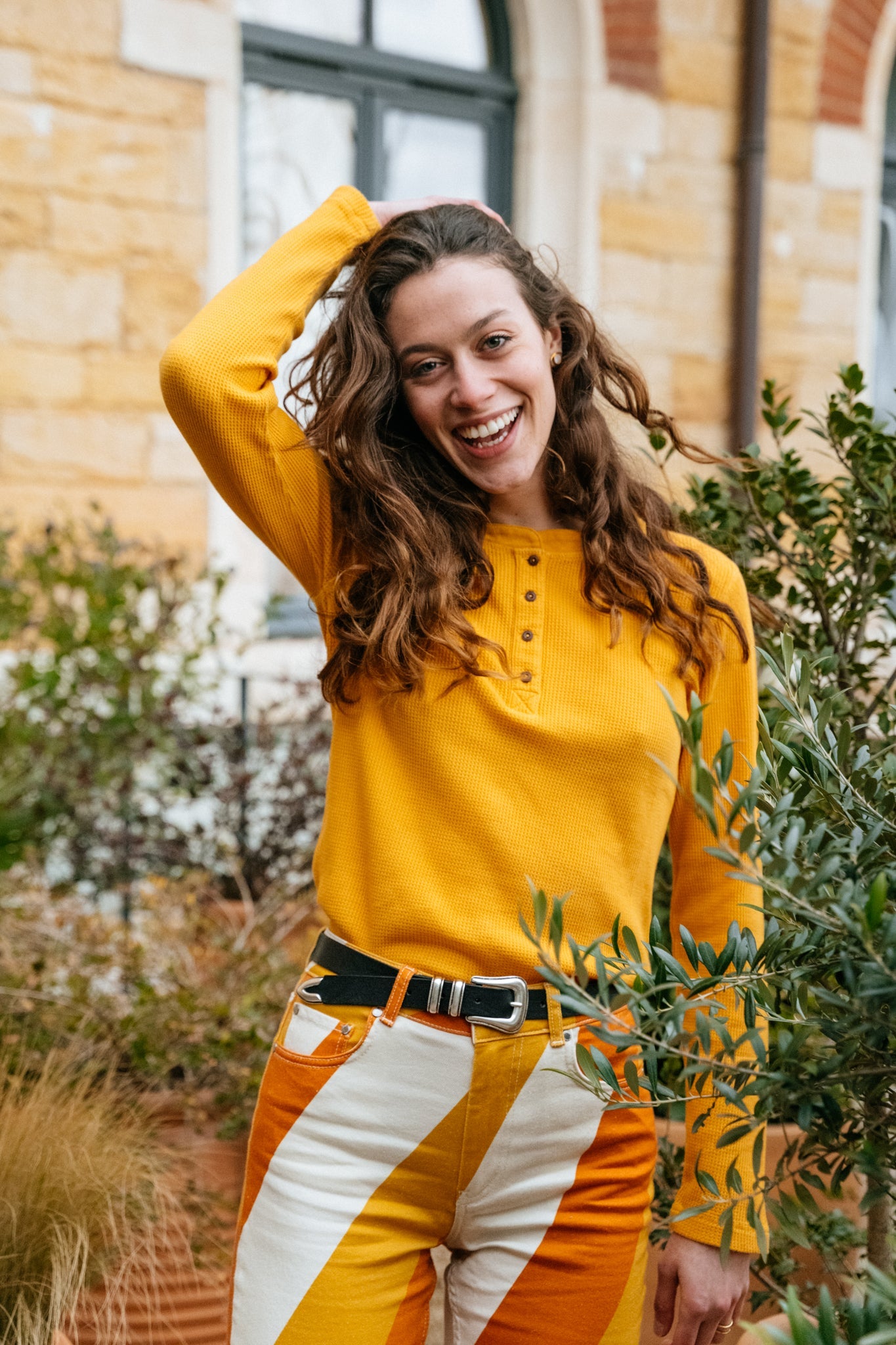 T-shirt manches longues orange en maille gaufrée de coton bio - mira waffle sunflower