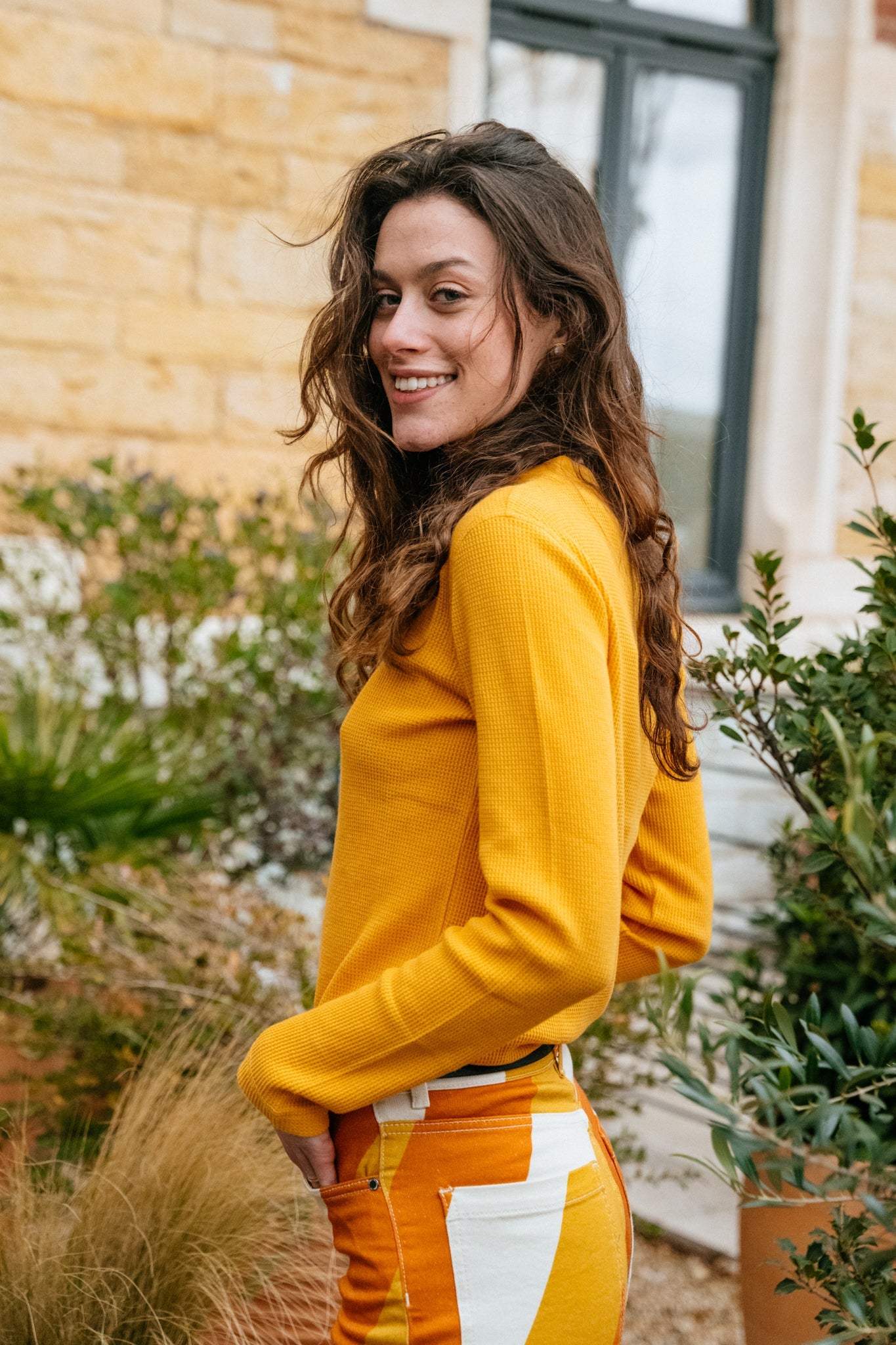T-shirt manches longues orange en maille gaufrée de coton bio - mira waffle sunflower