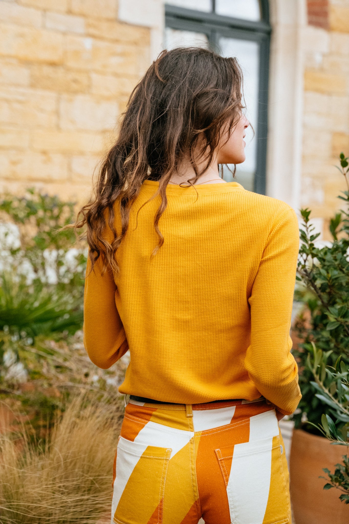 T-shirt manches longues orange en maille gaufrée de coton bio - mira waffle sunflower