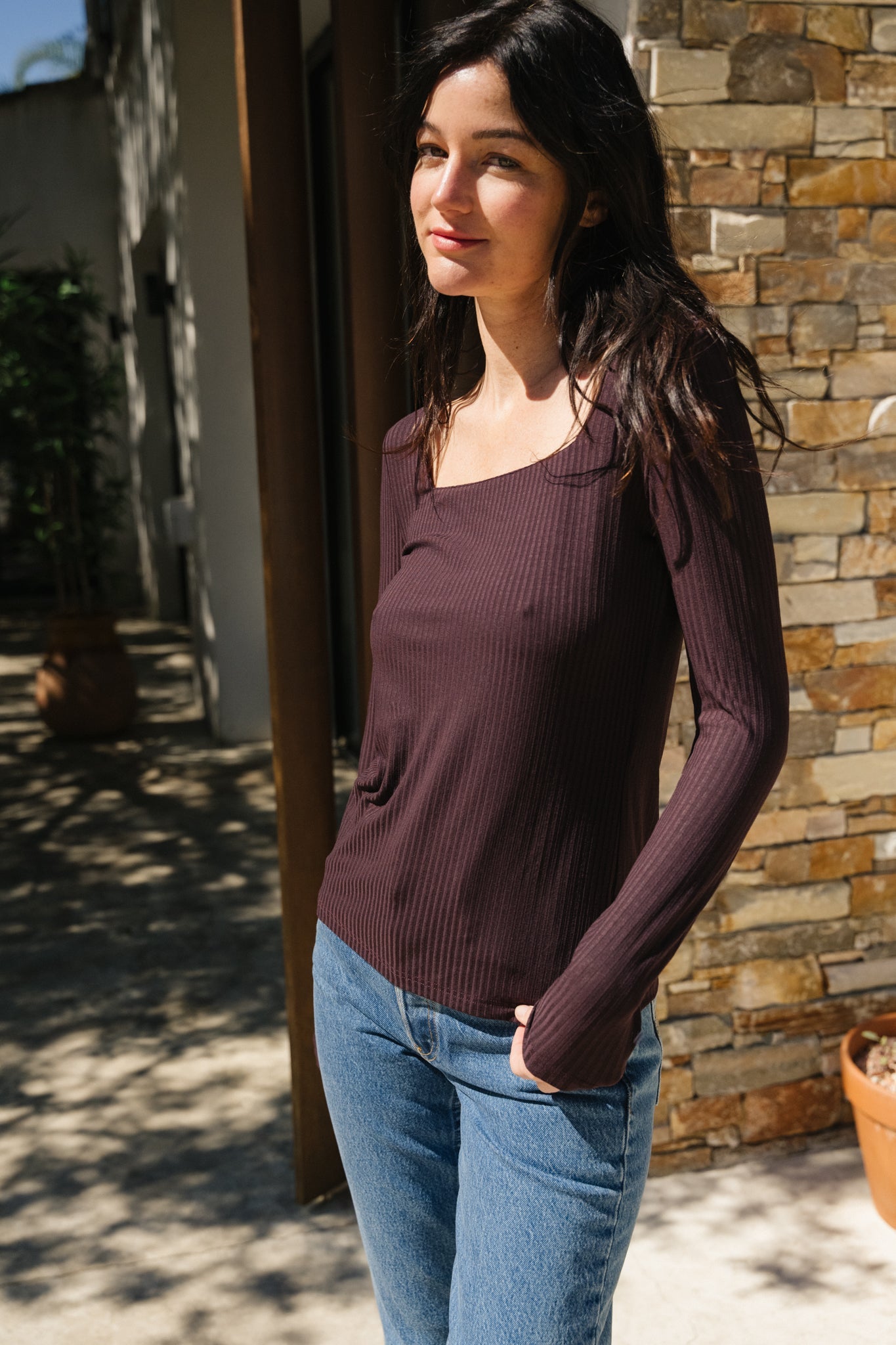Top côtelé manches longues en tencel | marron "fria espresso"