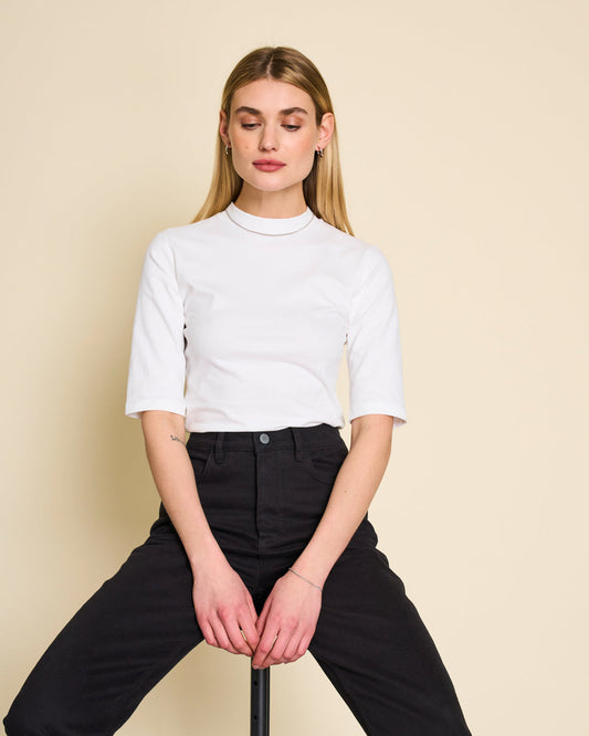 T-shirt manches courtes col cheminée blanc en coton bio - nina white