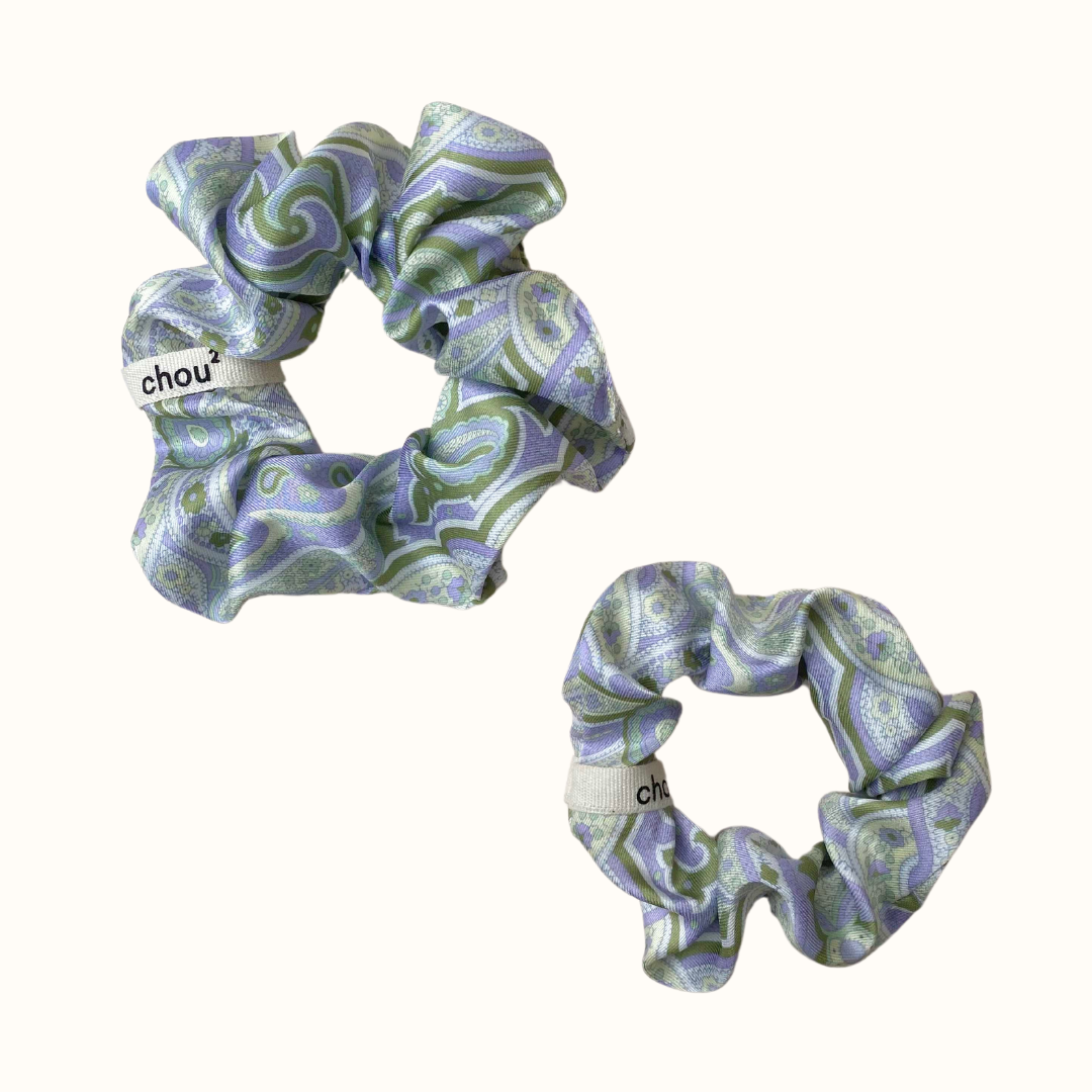Chouchou en matière upcyclée | multicolore "imprimé mauve vert"