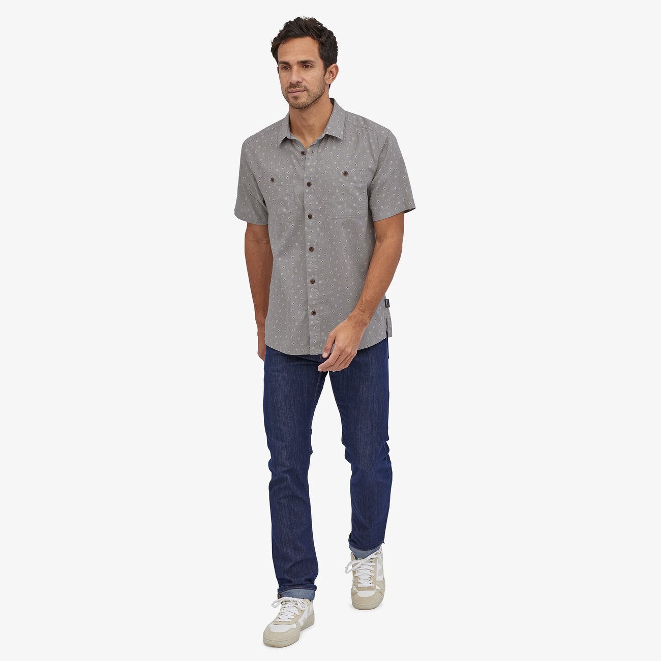 Chemise manches courtes imprimée gris clair en coton bio