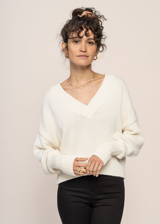 pull col v en coton bio | écru "luz - offwhite"