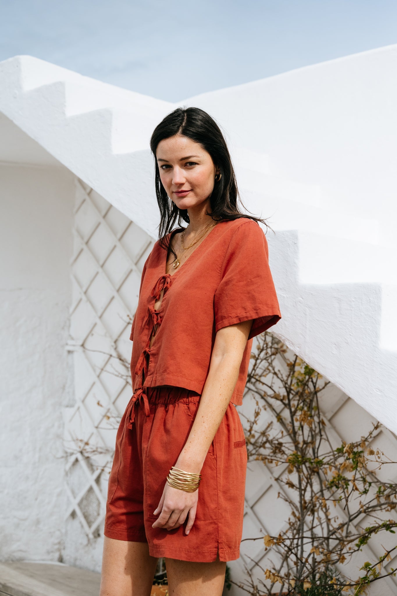 Top  à noeuds en coton bio et lin | terracotta "Beau top - terra"