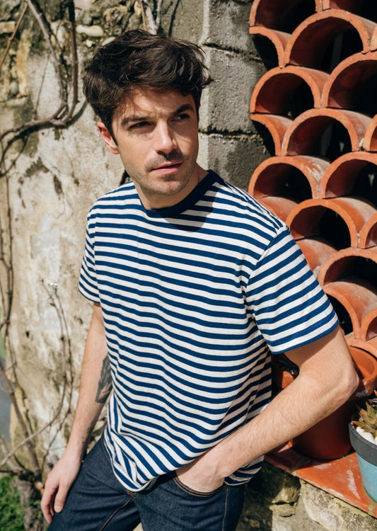 T-shirt rayé en coton bio | bleu "leif breton stripe t-shirt offwhite blue"