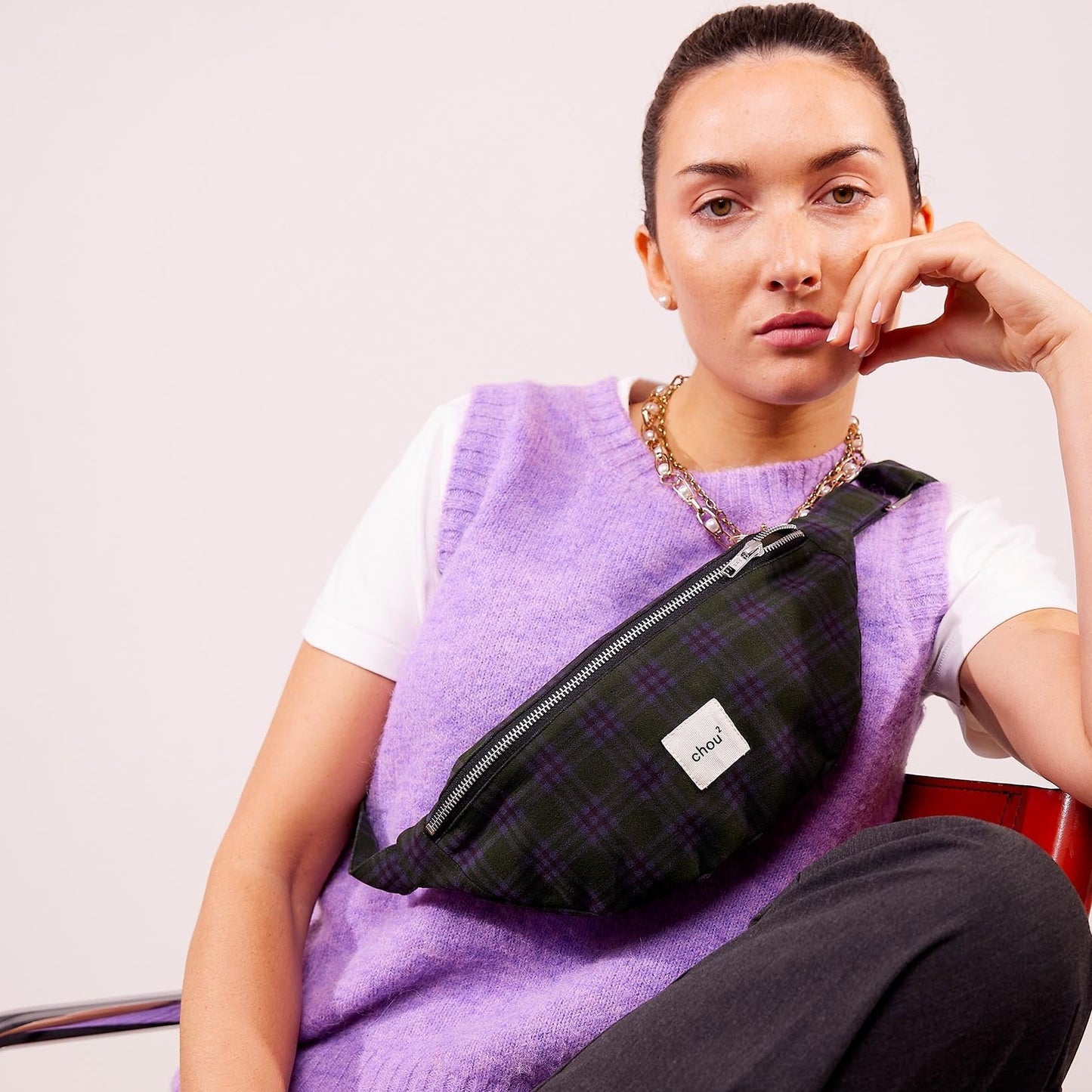 Banane en matière upcyclée |  tartan vert & violet