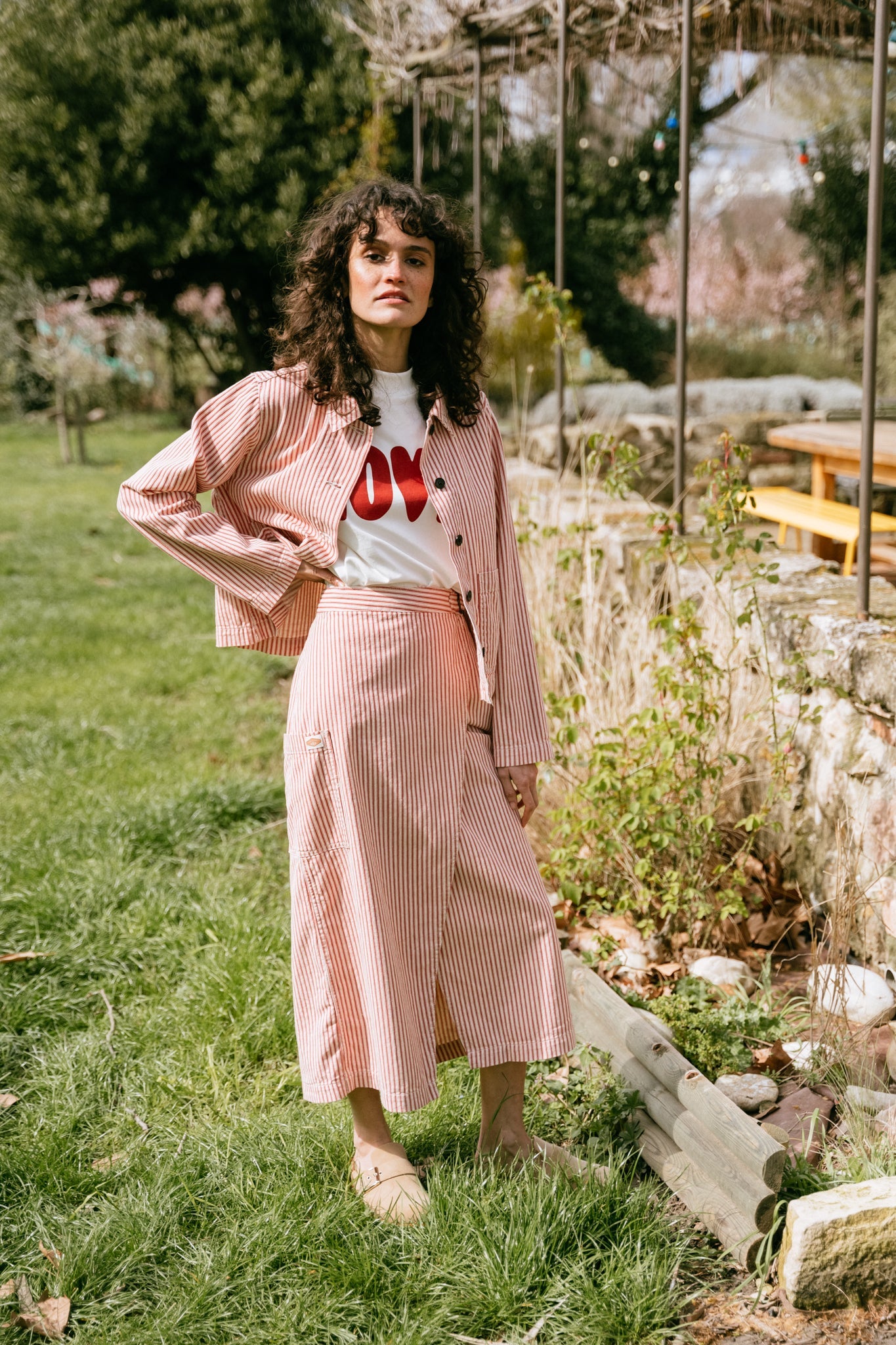 Veste en jean en coton bio | Rayée rouge et blanche "isa striped denim shirt red/white"